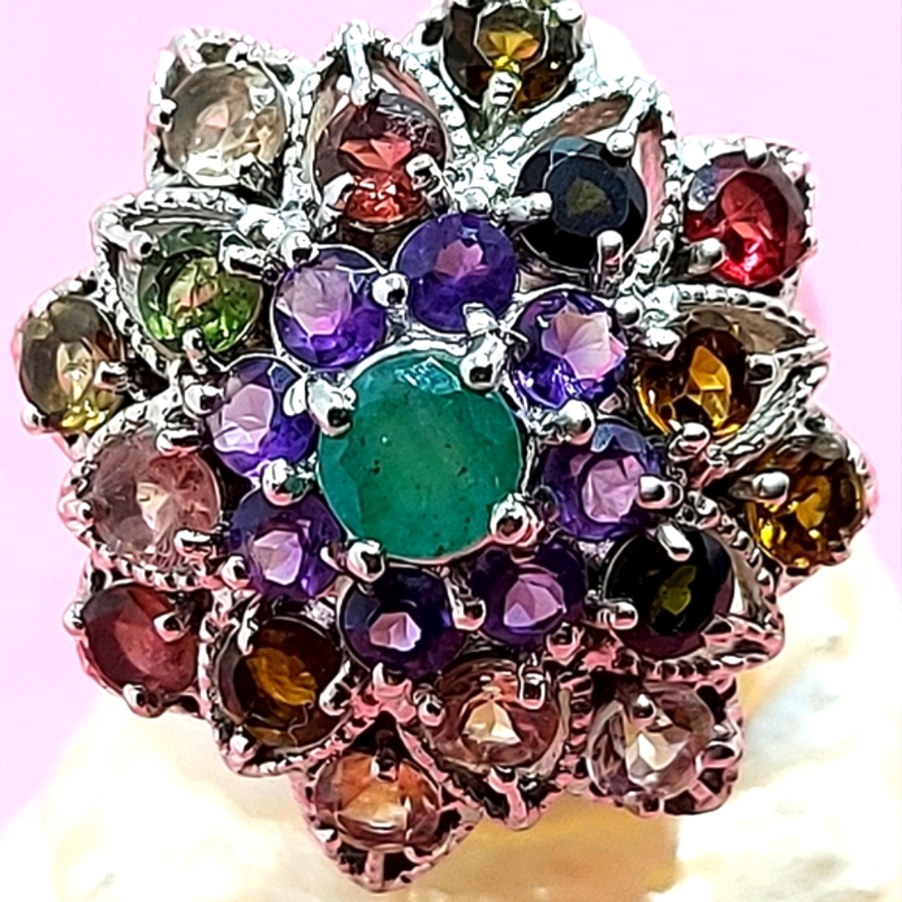 Natural Round 5mm Emerald, Amethyst,‎ Tourmaline 925 Sterling Silver Ring Sz 8